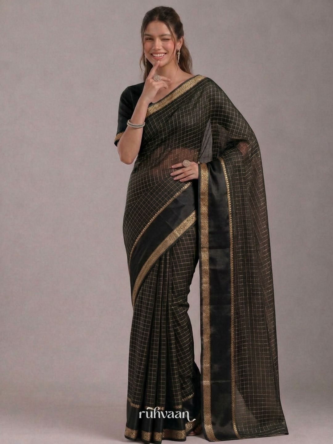 Midnight Grid Saree