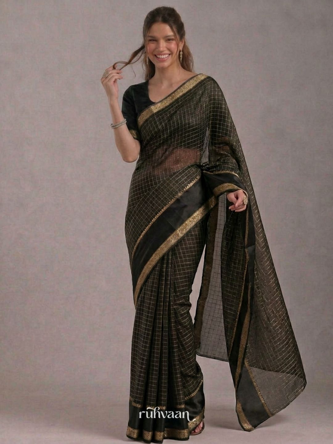 Midnight Grid Saree