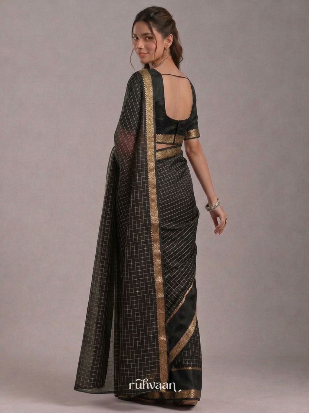Midnight Grid Saree
