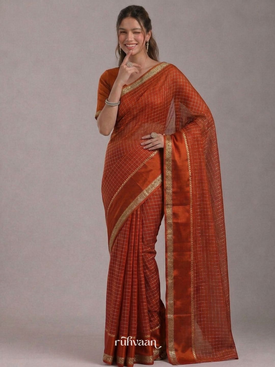 Copper Grid Saree