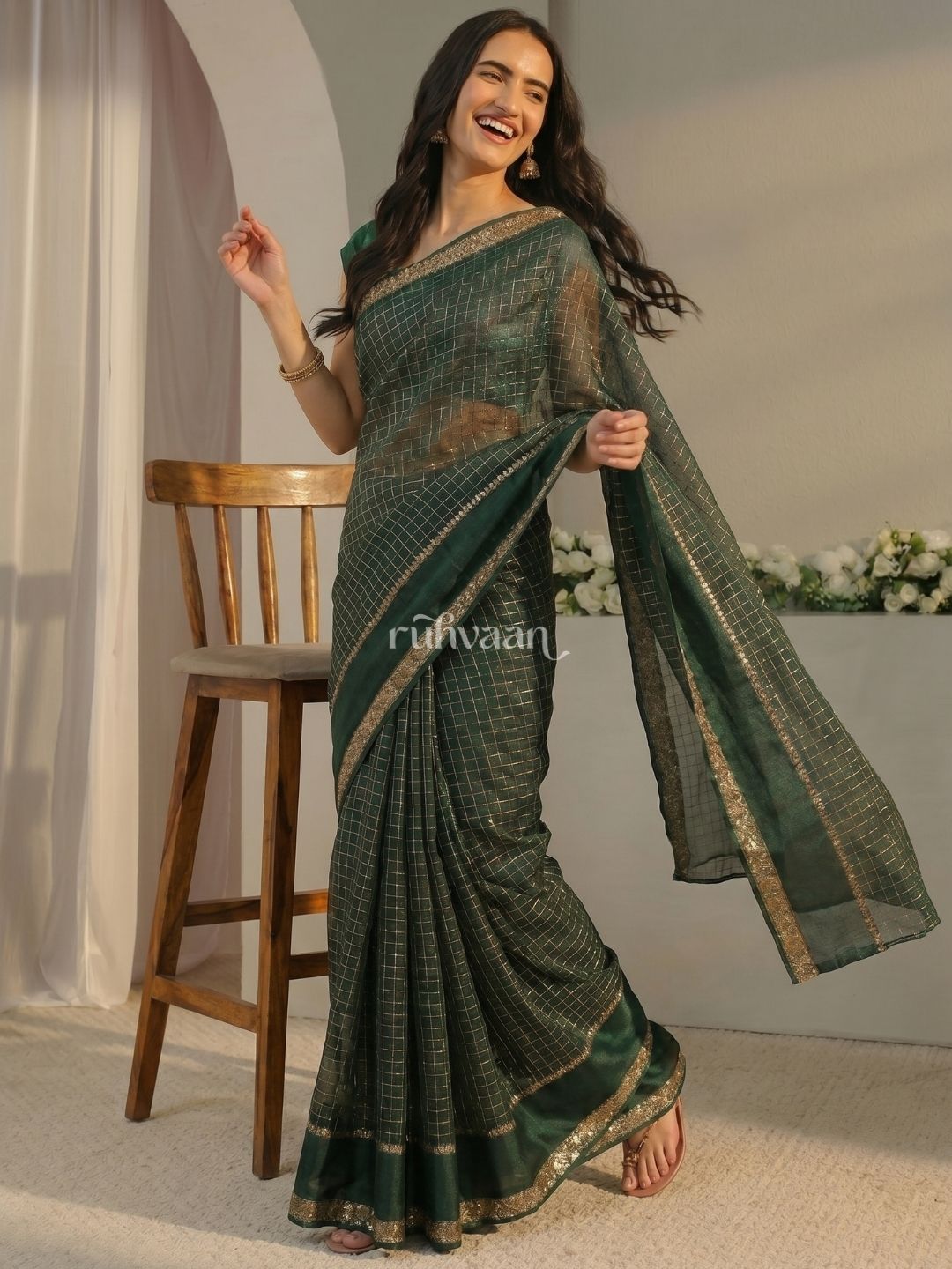 Emerald Grid Saree