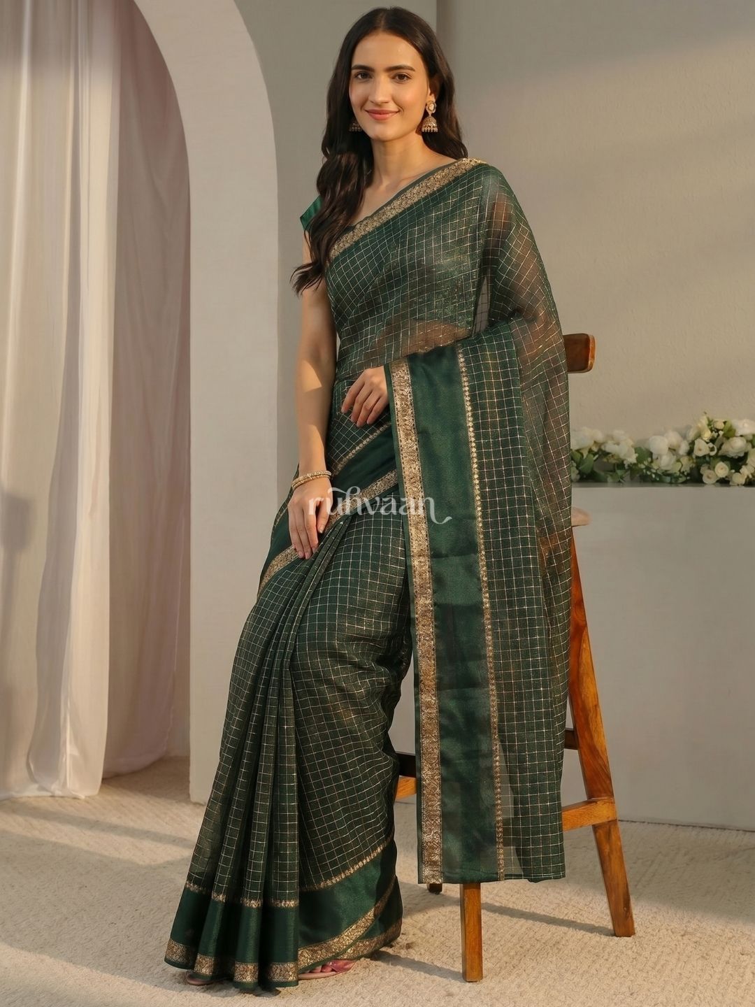 Emerald Grid Saree