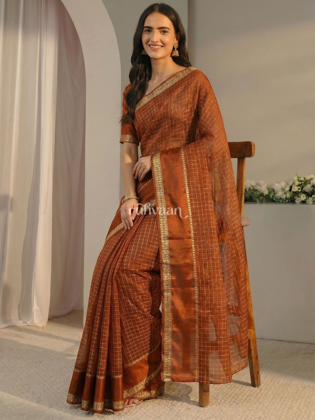 Copper Grid Saree