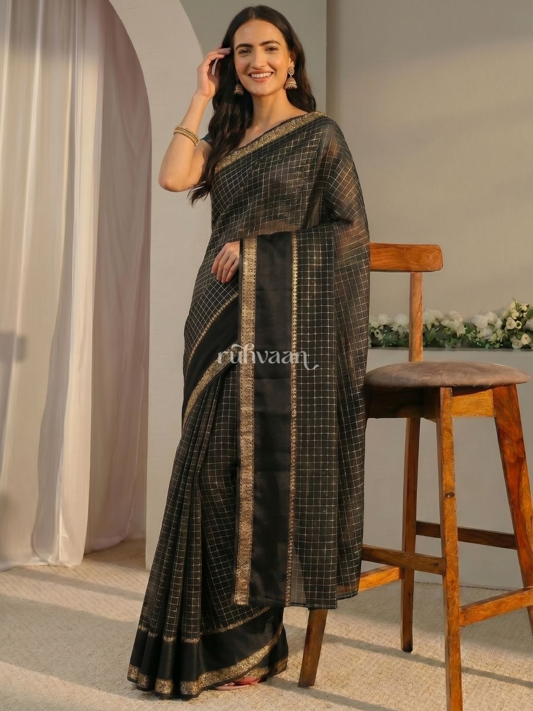 Midnight Grid Saree