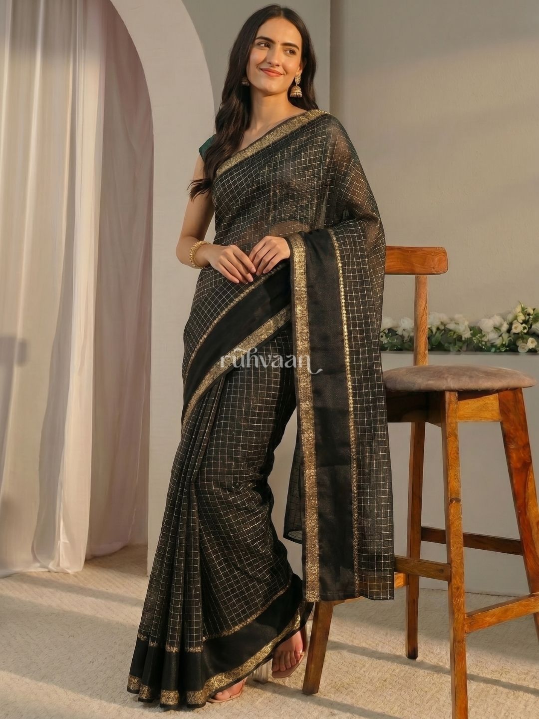 Midnight Grid Saree
