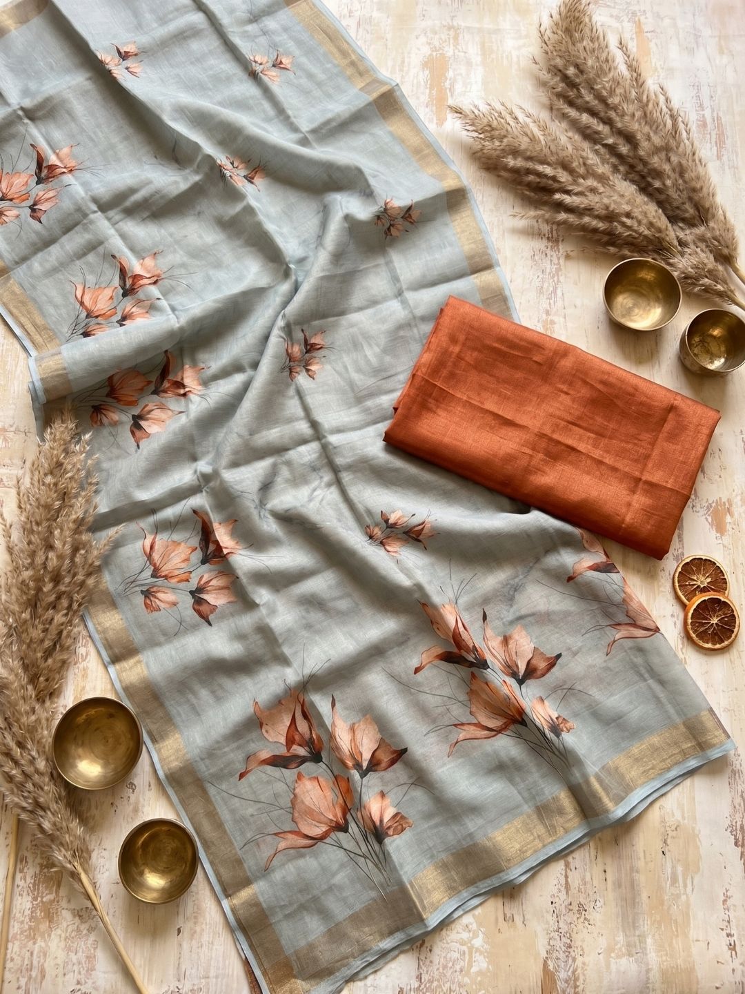 Autumn Bloom Mist Saree
